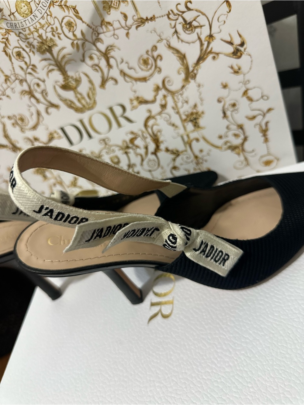 Dior Black Slingback Heels with J'Adior Ivory Ribbon